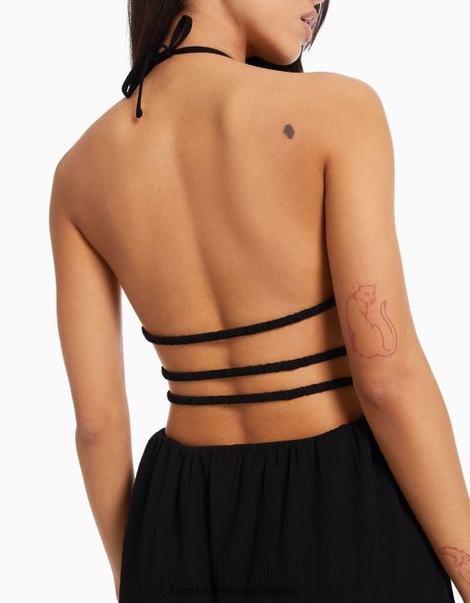 Bershka femei rochie lunga bambula cu volan negru Z86D28 îmbrăcăminte