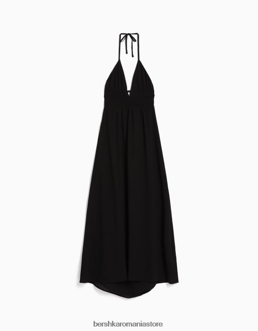 Bershka femei rochie lunga bambula cu volan negru Z86D28 îmbrăcăminte