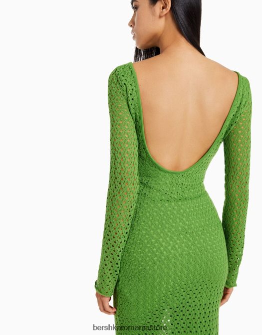 Bershka femei rochie lunga crosetata cu maneci lungi verde Z86D119 îmbrăcăminte