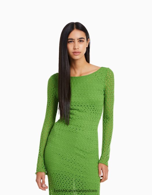 Bershka femei rochie lunga crosetata cu maneci lungi verde Z86D119 îmbrăcăminte