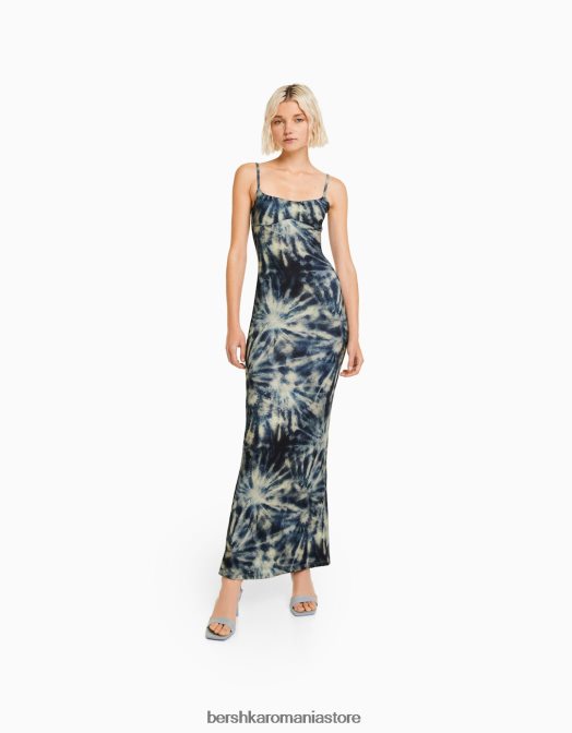 Bershka femei rochie lunga cu efect tie dye cu bretele subtiri albastru inchis Z86D37 îmbrăcăminte