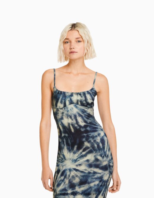 Bershka femei rochie lunga cu efect tie dye cu bretele subtiri albastru inchis Z86D37 îmbrăcăminte