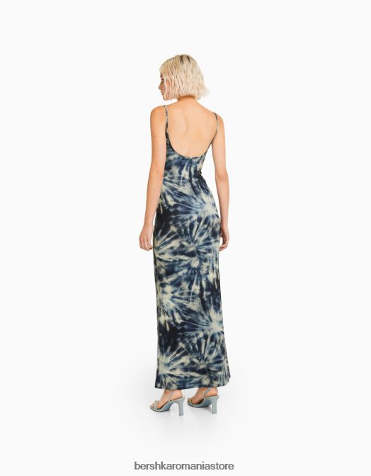 Bershka femei rochie lunga cu efect tie dye cu bretele subtiri albastru inchis Z86D37 îmbrăcăminte