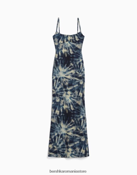 Bershka femei rochie lunga cu efect tie dye cu bretele subtiri albastru inchis Z86D37 îmbrăcăminte
