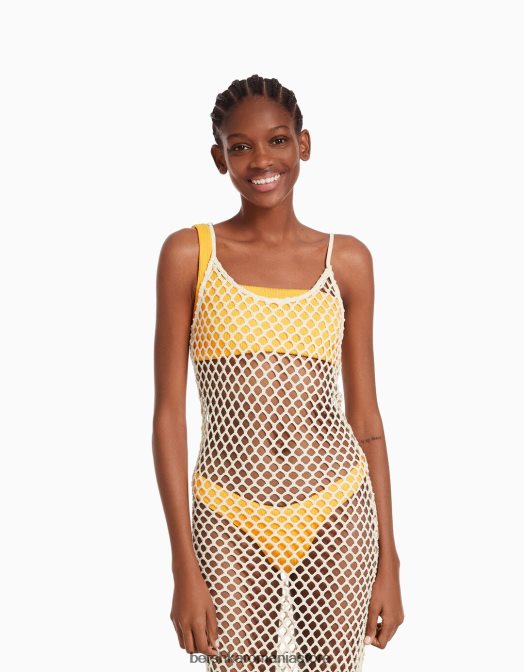 Bershka femei rochie lunga din plasa cu bretele cremă Z86D191 îmbrăcăminte