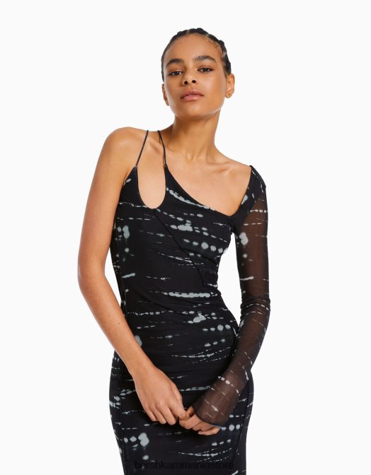 Bershka femei rochie lunga din tul cu maneci lungi si imprimeu negru Z86D246 îmbrăcăminte