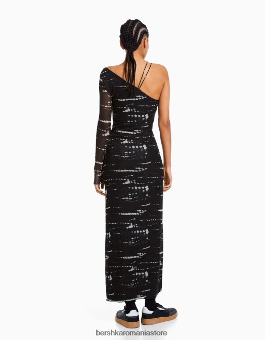 Bershka femei rochie lunga din tul cu maneci lungi si imprimeu negru Z86D246 îmbrăcăminte
