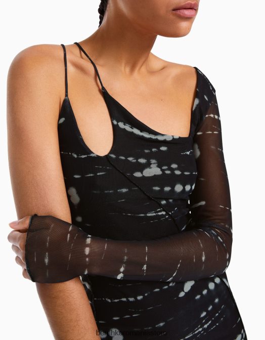 Bershka femei rochie lunga din tul cu maneci lungi si imprimeu negru Z86D246 îmbrăcăminte