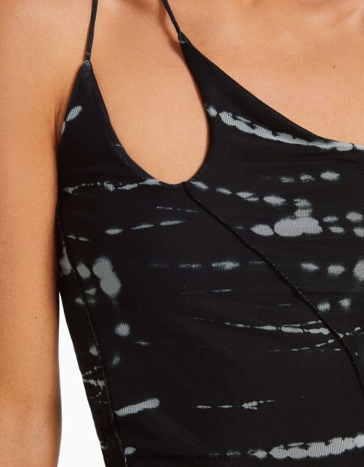 Bershka femei rochie lunga din tul cu maneci lungi si imprimeu negru Z86D246 îmbrăcăminte