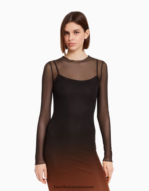 Bershka femei rochie lunga din tul cu maneci lungi si imprimeu negru Z86D252 îmbrăcăminte