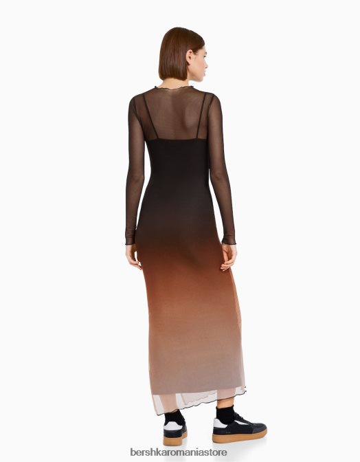 Bershka femei rochie lunga din tul cu maneci lungi si imprimeu negru Z86D252 îmbrăcăminte