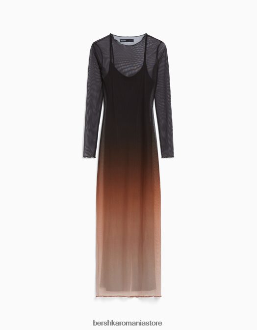 Bershka femei rochie lunga din tul cu maneci lungi si imprimeu negru Z86D252 îmbrăcăminte