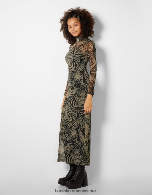 Bershka femei rochie lunga din tul cu maneci lungi si imprimeu violet Z86D247 îmbrăcăminte