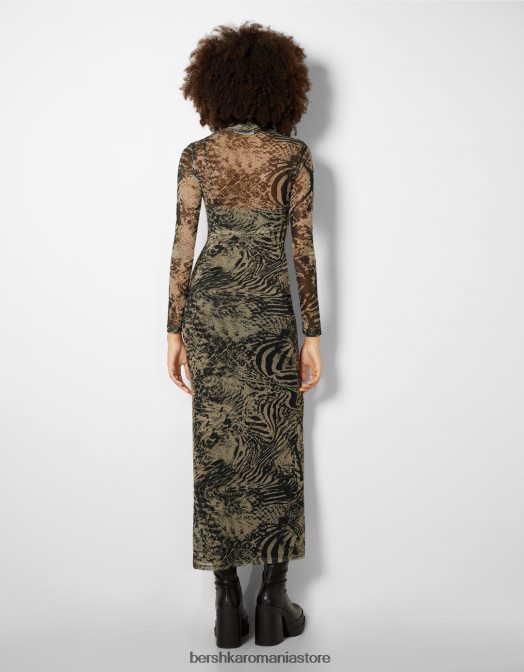 Bershka femei rochie lunga din tul cu maneci lungi si imprimeu violet Z86D247 îmbrăcăminte