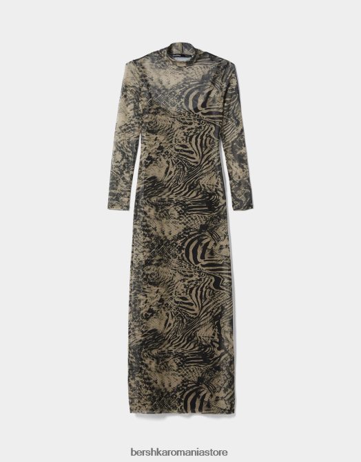 Bershka femei rochie lunga din tul cu maneci lungi si imprimeu violet Z86D247 îmbrăcăminte