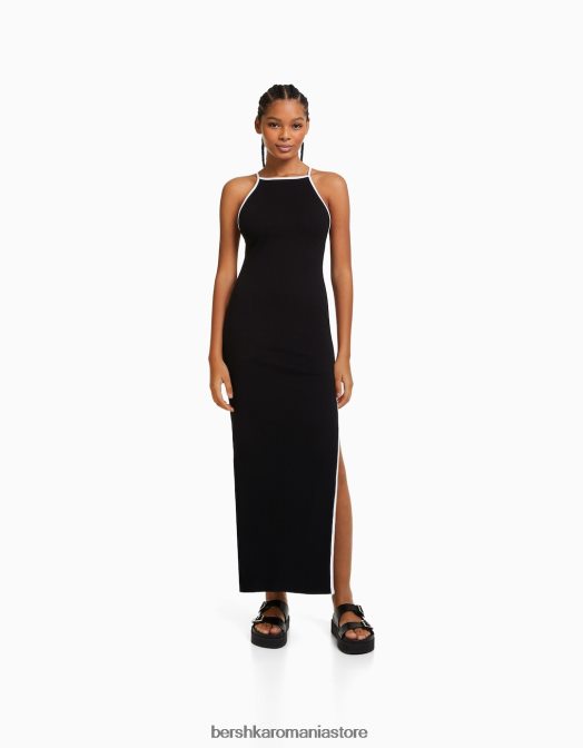 Bershka femei rochie midi cu bretele contrastante negru Z86D192 îmbrăcăminte