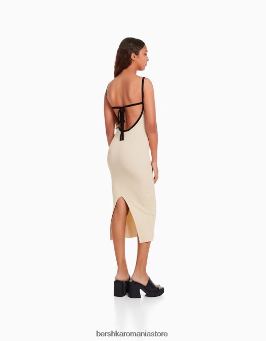 Bershka femei rochie midi cu bretele cremă Z86D211 îmbrăcăminte
