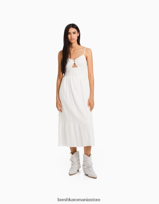 Bershka femei rochie midi cu bretele cu decupaj și volane alb Z86D66 îmbrăcăminte