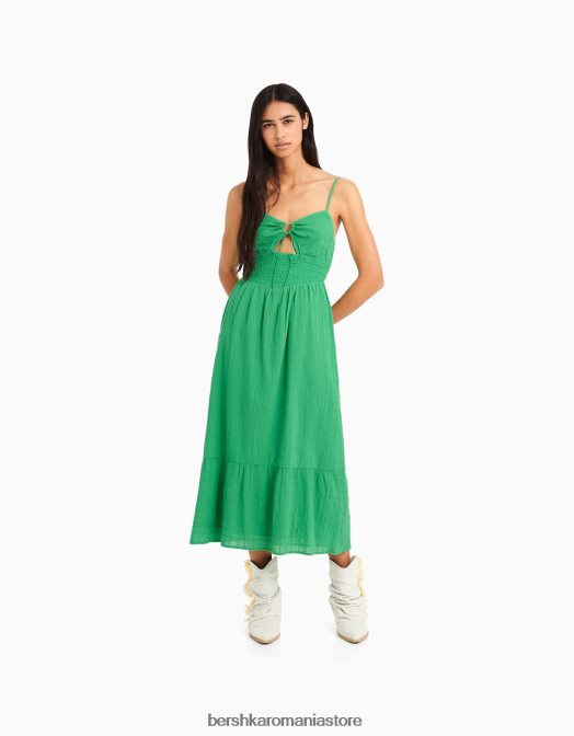 Bershka femei rochie midi cu bretele cu decupaj și volane verde Z86D64 îmbrăcăminte