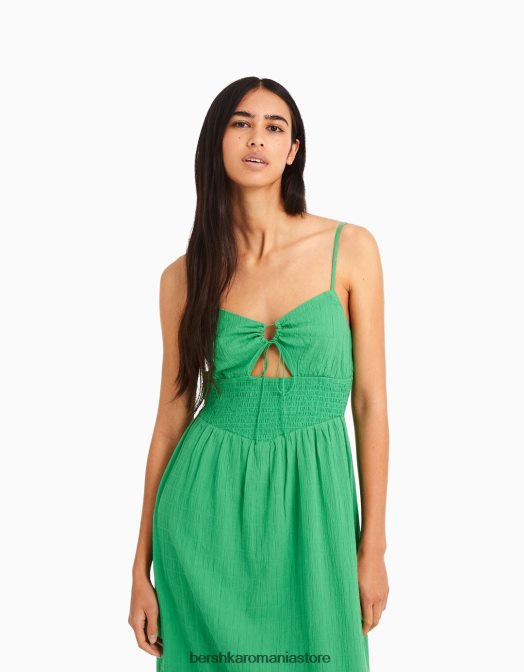 Bershka femei rochie midi cu bretele cu decupaj și volane verde Z86D64 îmbrăcăminte