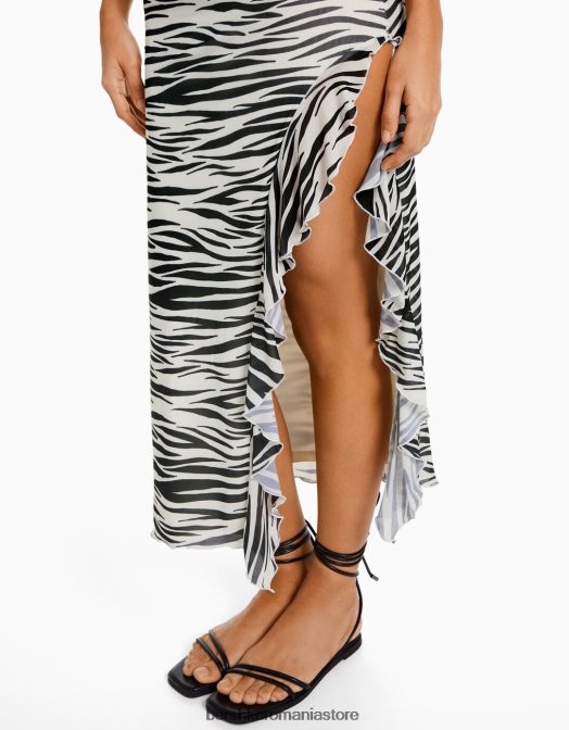 Bershka femei rochie midi cu bretele din plasă cu volane negru Z86D34 îmbrăcăminte