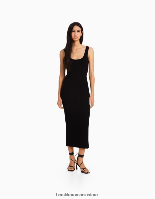 Bershka femei rochie midi cu bretele din tricot cu nervuri negru Z86D102 îmbrăcăminte