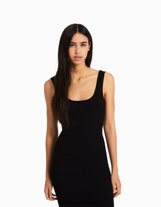 Bershka femei rochie midi cu bretele din tricot cu nervuri negru Z86D102 îmbrăcăminte