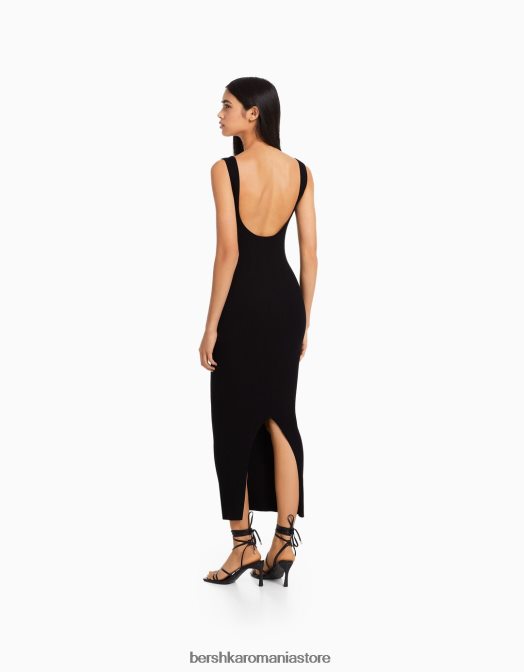 Bershka femei rochie midi cu bretele din tricot cu nervuri negru Z86D102 îmbrăcăminte