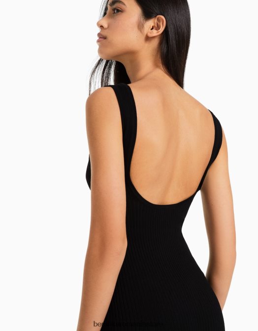 Bershka femei rochie midi cu bretele din tricot cu nervuri negru Z86D102 îmbrăcăminte