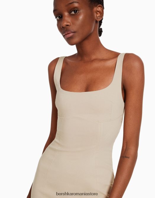 Bershka femei rochie midi cu bretele largi nisip Z86D184 îmbrăcăminte