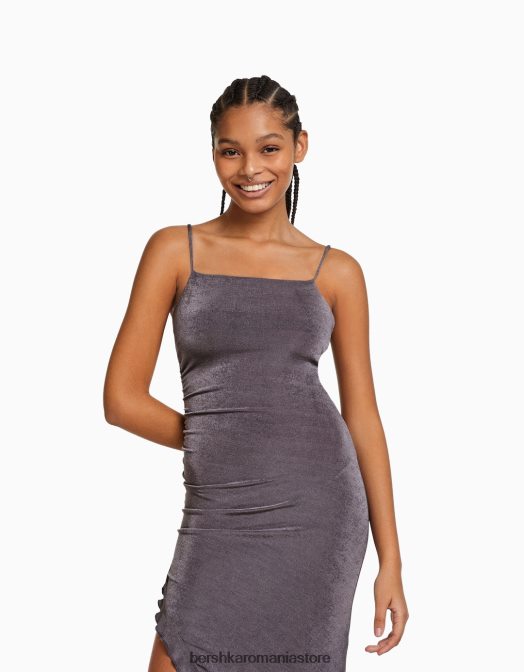 Bershka femei rochie midi cu bretele si volane gri inchis Z86D218 îmbrăcăminte