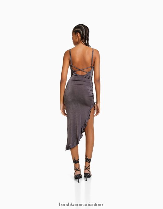 Bershka femei rochie midi cu bretele si volane gri inchis Z86D218 îmbrăcăminte