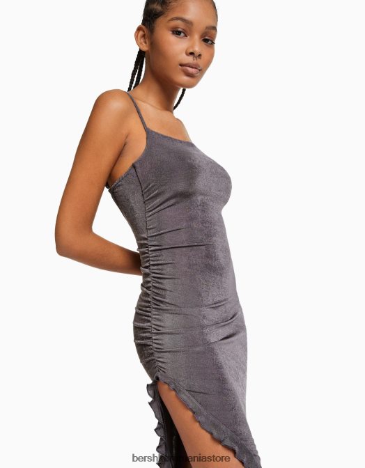 Bershka femei rochie midi cu bretele si volane gri inchis Z86D218 îmbrăcăminte