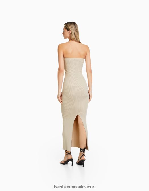 Bershka femei rochie midi cu decolteu bandeau bej Z86D42 îmbrăcăminte