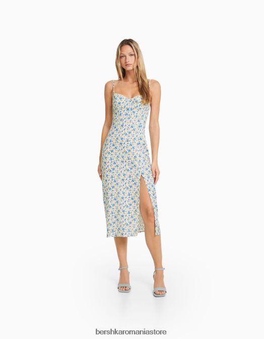 Bershka femei rochie midi cu imprimeu floral cu bretele si siret la spate multicolor Z86D179 îmbrăcăminte