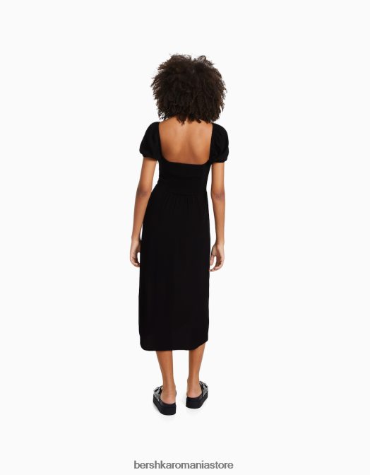 Bershka femei rochie midi cu maneca scurta negru Z86D217 îmbrăcăminte