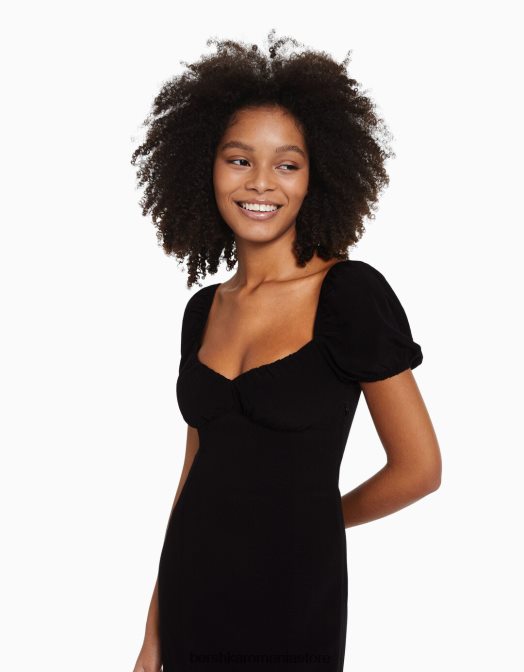 Bershka femei rochie midi cu maneca scurta negru Z86D217 îmbrăcăminte