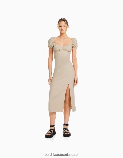 Bershka femei rochie midi cu maneca scurta nisip Z86D219 îmbrăcăminte