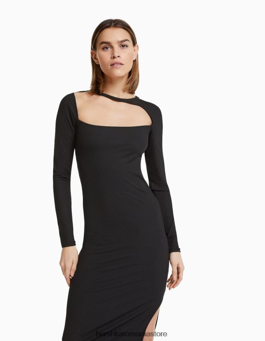 Bershka femei rochie midi cu maneci lungi si decolteu asimetric negru Z86D258 îmbrăcăminte