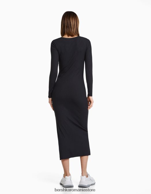 Bershka femei rochie midi cu maneci lungi si decolteu asimetric negru Z86D258 îmbrăcăminte