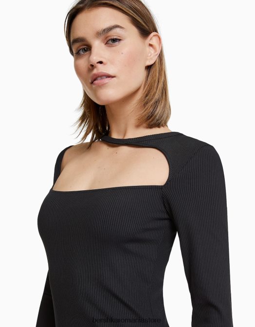 Bershka femei rochie midi cu maneci lungi si decolteu asimetric negru Z86D258 îmbrăcăminte