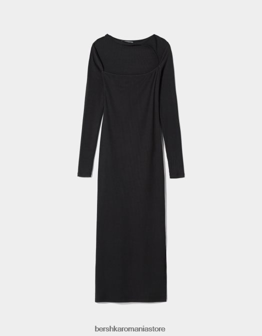 Bershka femei rochie midi cu maneci lungi si decolteu asimetric negru Z86D258 îmbrăcăminte