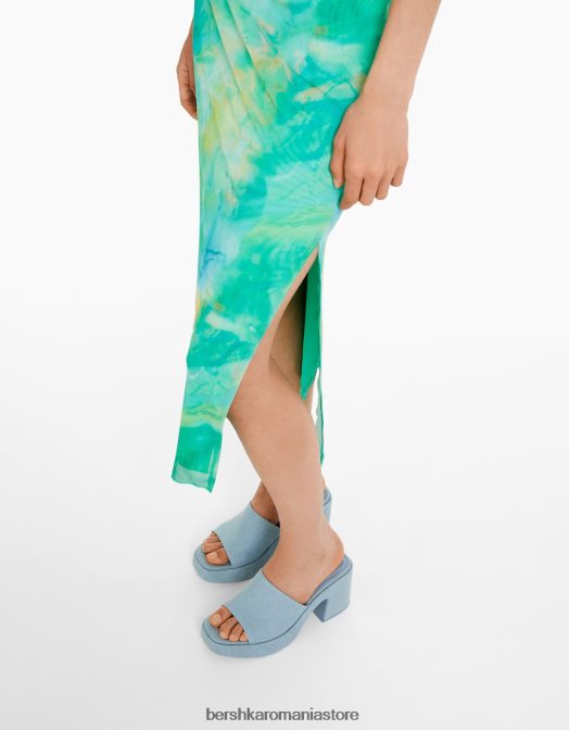 Bershka femei rochie midi cu umeri scoși cu imprimeu albastru Z86D93 îmbrăcăminte