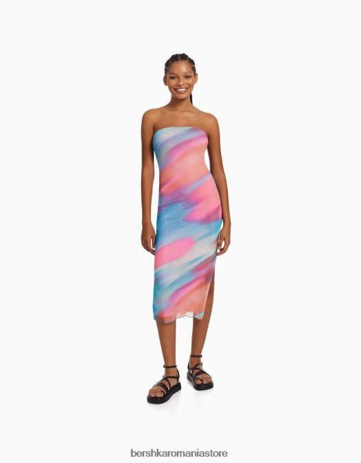 Bershka femei rochie midi cu umeri scoși cu imprimeu roz Z86D94 îmbrăcăminte