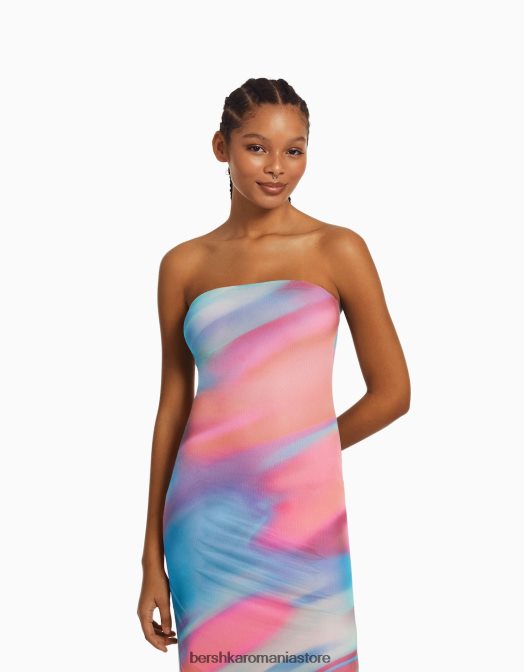 Bershka femei rochie midi cu umeri scoși cu imprimeu roz Z86D94 îmbrăcăminte