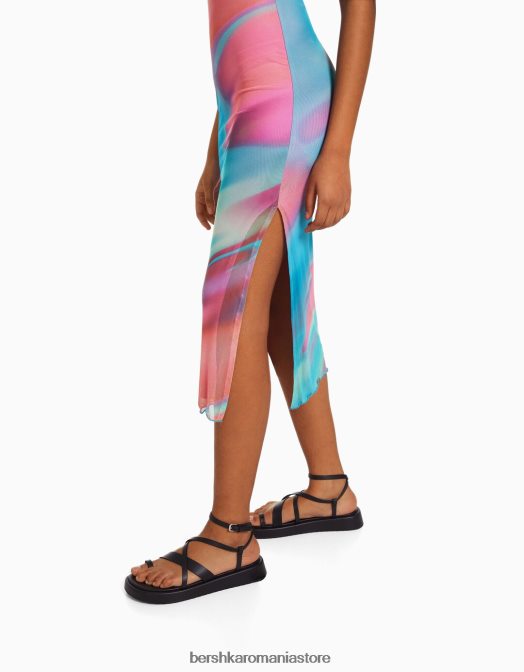 Bershka femei rochie midi cu umeri scoși cu imprimeu roz Z86D94 îmbrăcăminte