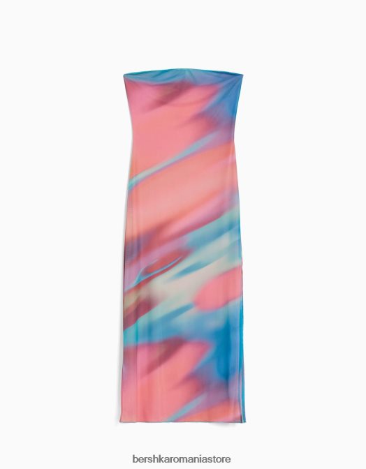 Bershka femei rochie midi cu umeri scoși cu imprimeu roz Z86D94 îmbrăcăminte