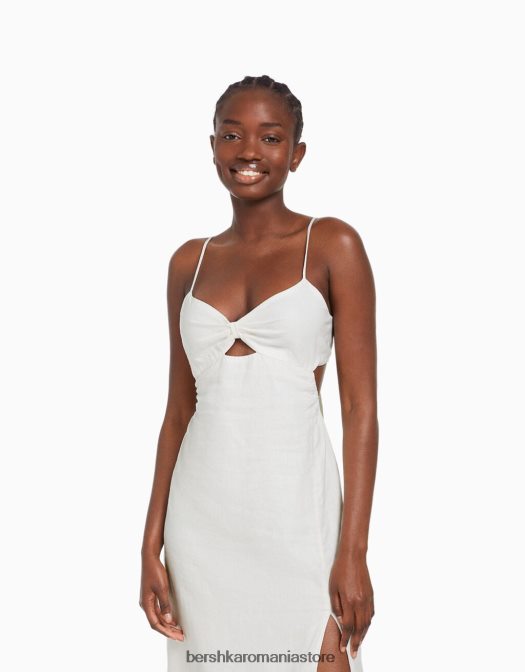 Bershka femei rochie midi din amestec de in cu bretele alb Z86D76 îmbrăcăminte
