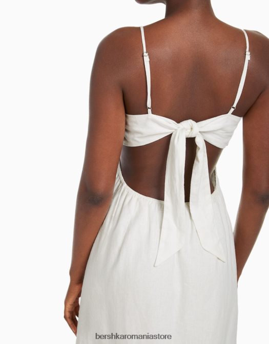 Bershka femei rochie midi din amestec de in cu bretele alb Z86D76 îmbrăcăminte