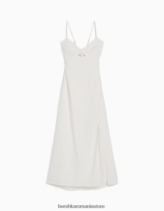 Bershka femei rochie midi din amestec de in cu bretele alb Z86D76 îmbrăcăminte